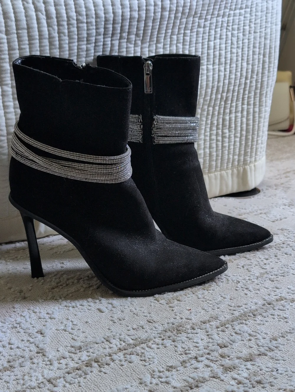 Black Suede Ankle Boots with Rhinestone Strap